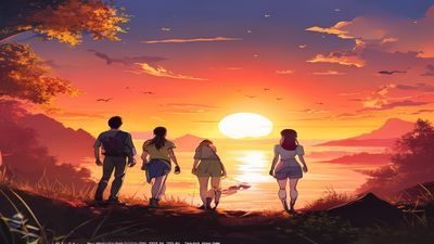 小黄游视觉小说游戏预告画面，精美动漫风格立绘人物，背景夕阳渐变，画面唯美细腻